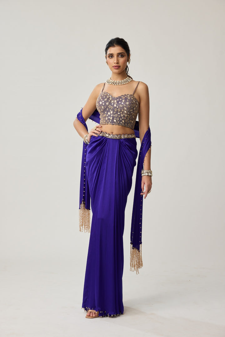 Persian Blue Mirror Corset Satin Draped Skirt Set