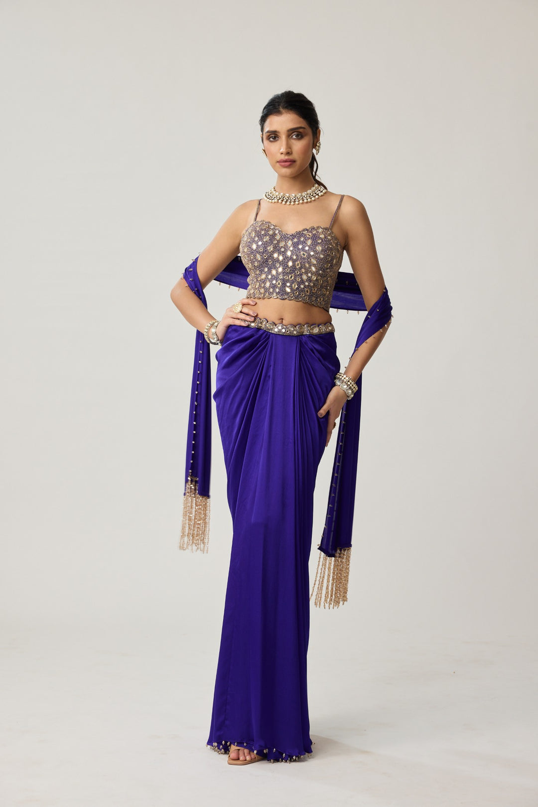 Persian Blue Mirror Corset Satin Draped Skirt Set
