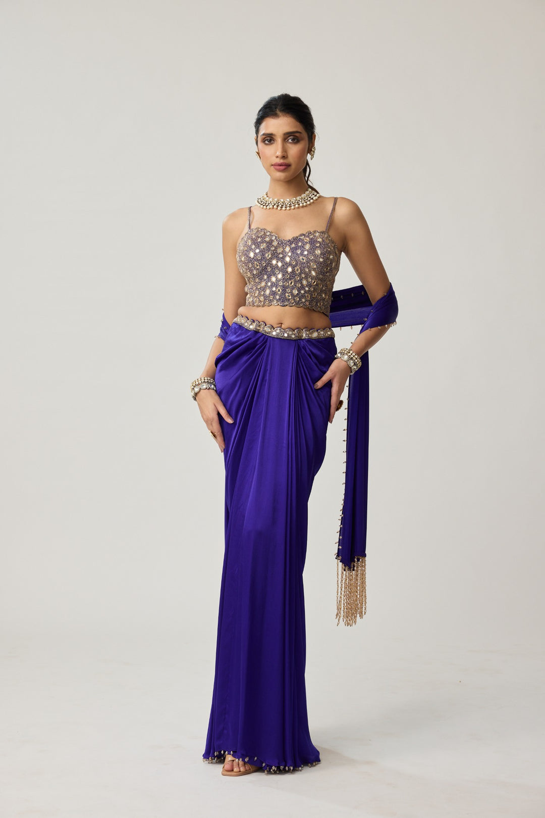 Persian Blue Mirror Corset Satin Draped Skirt Set