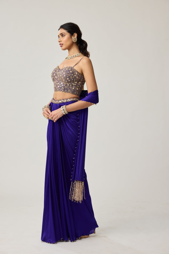 Persian Blue Mirror Corset Satin Draped Skirt Set