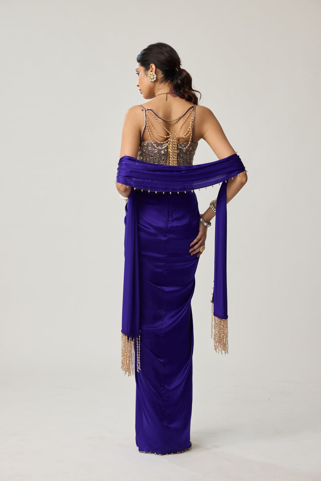 Persian Blue Mirror Corset Satin Draped Skirt Set