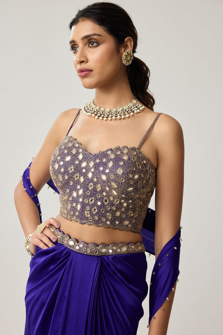 Persian Blue Mirror Corset Satin Draped Skirt Set