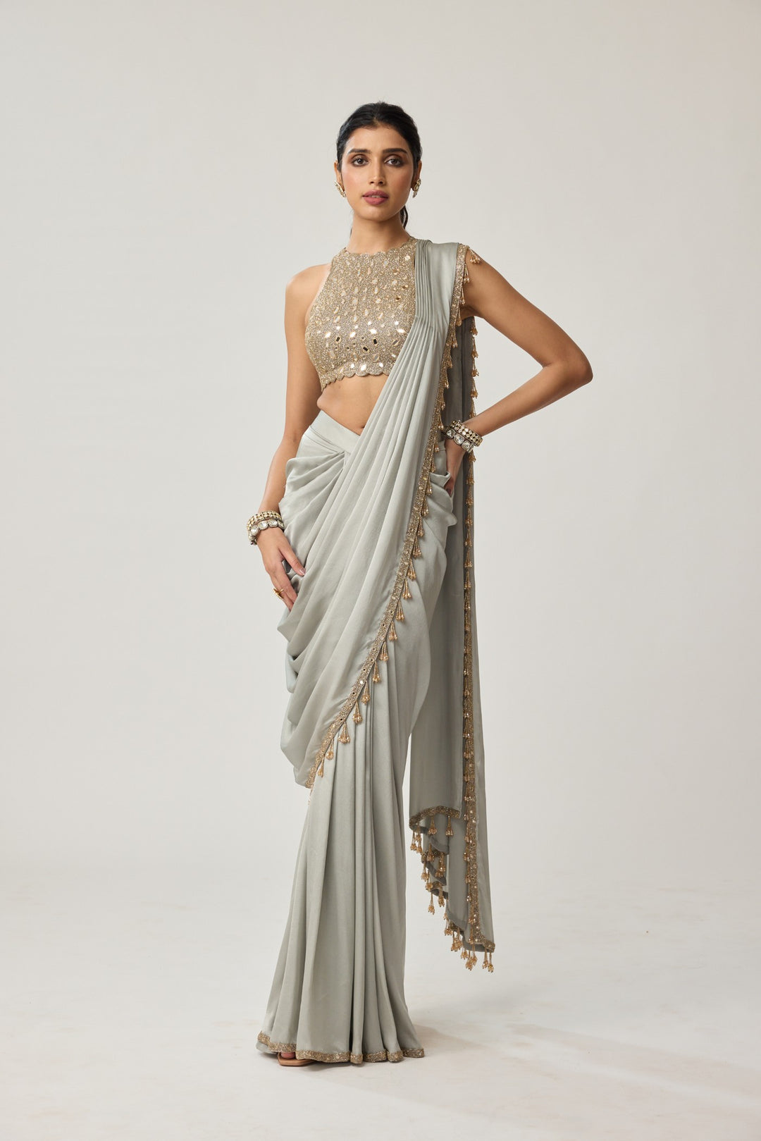 Powder Grey Mirror Satin Saree Set