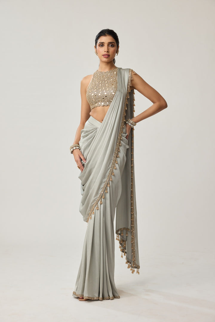Powder Grey Mirror Satin Saree Set