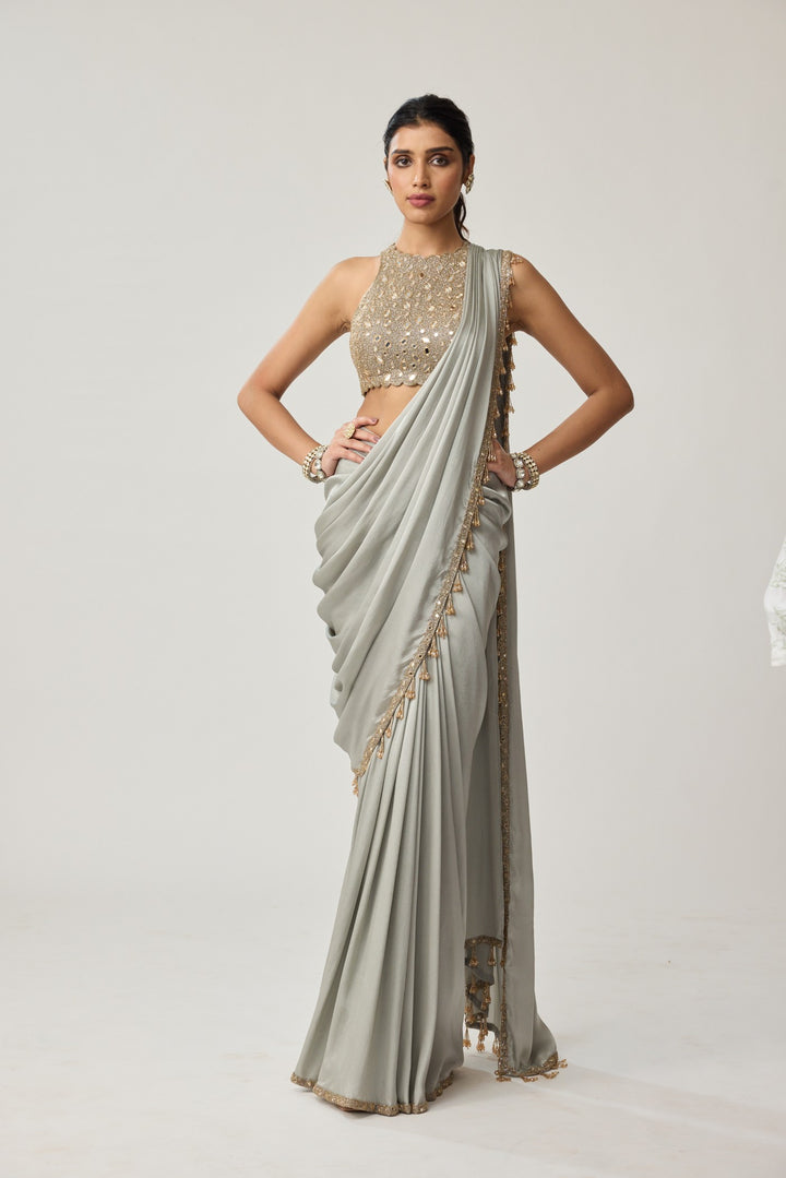 Powder Grey Mirror Satin Saree Set