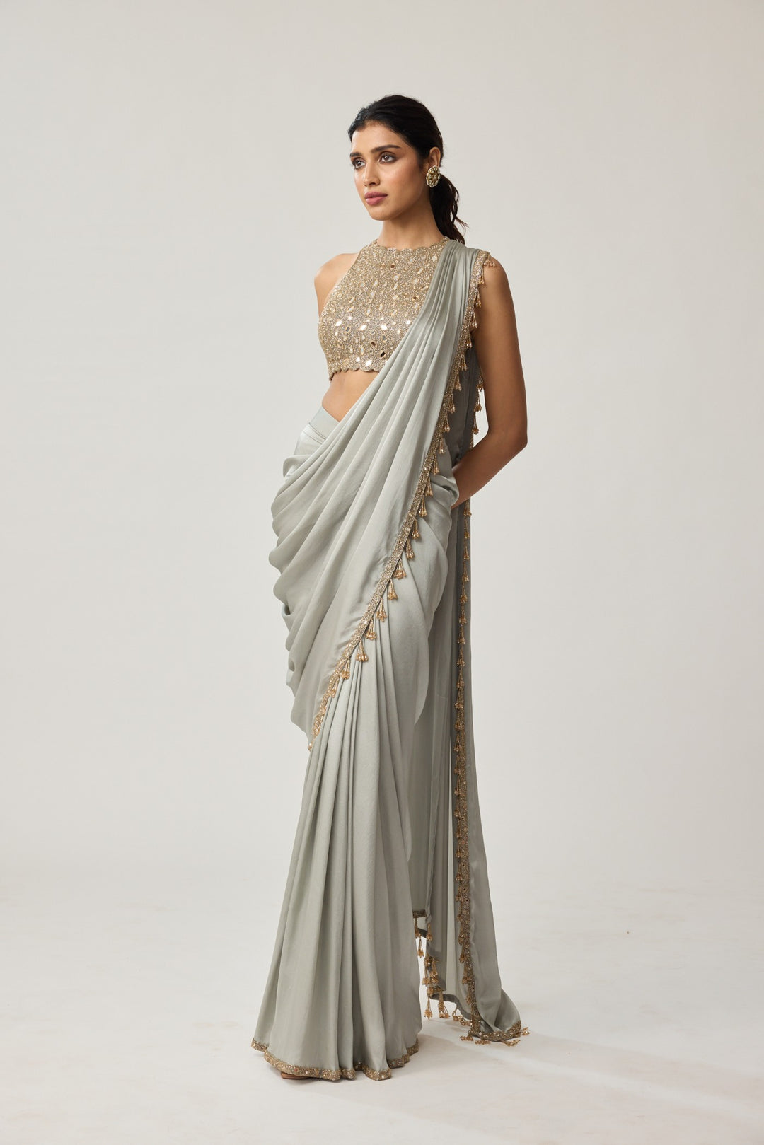 Powder Grey Mirror Satin Saree Set