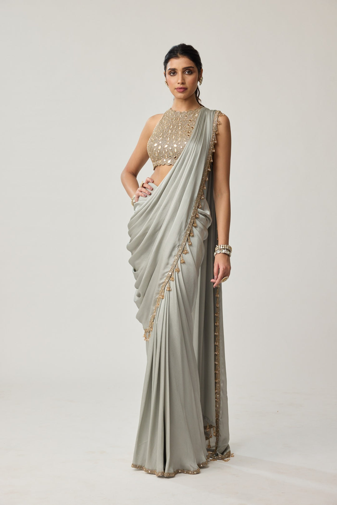 Powder Grey Mirror Satin Saree Set