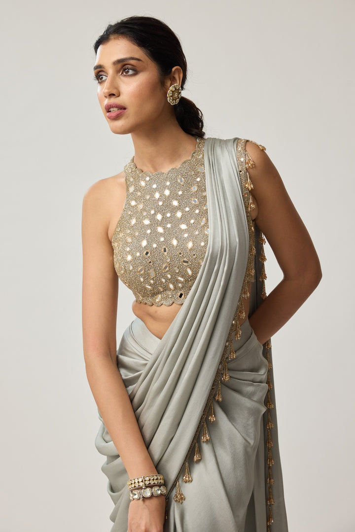 Powder Grey Mirror Satin Saree Set