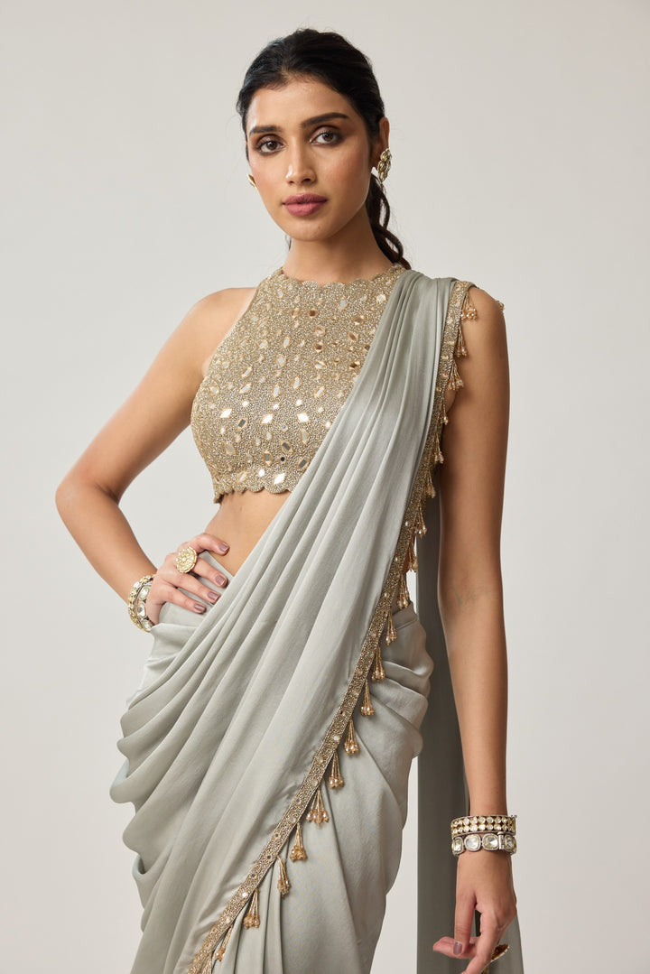 Powder Grey Mirror Satin Saree Set