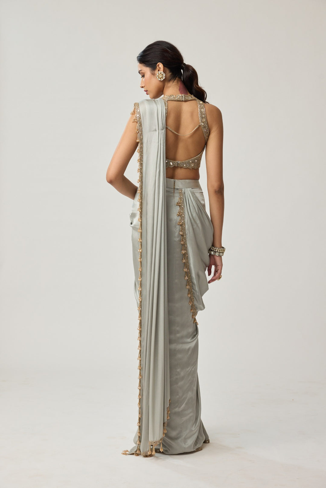 Powder Grey Mirror Satin Saree Set