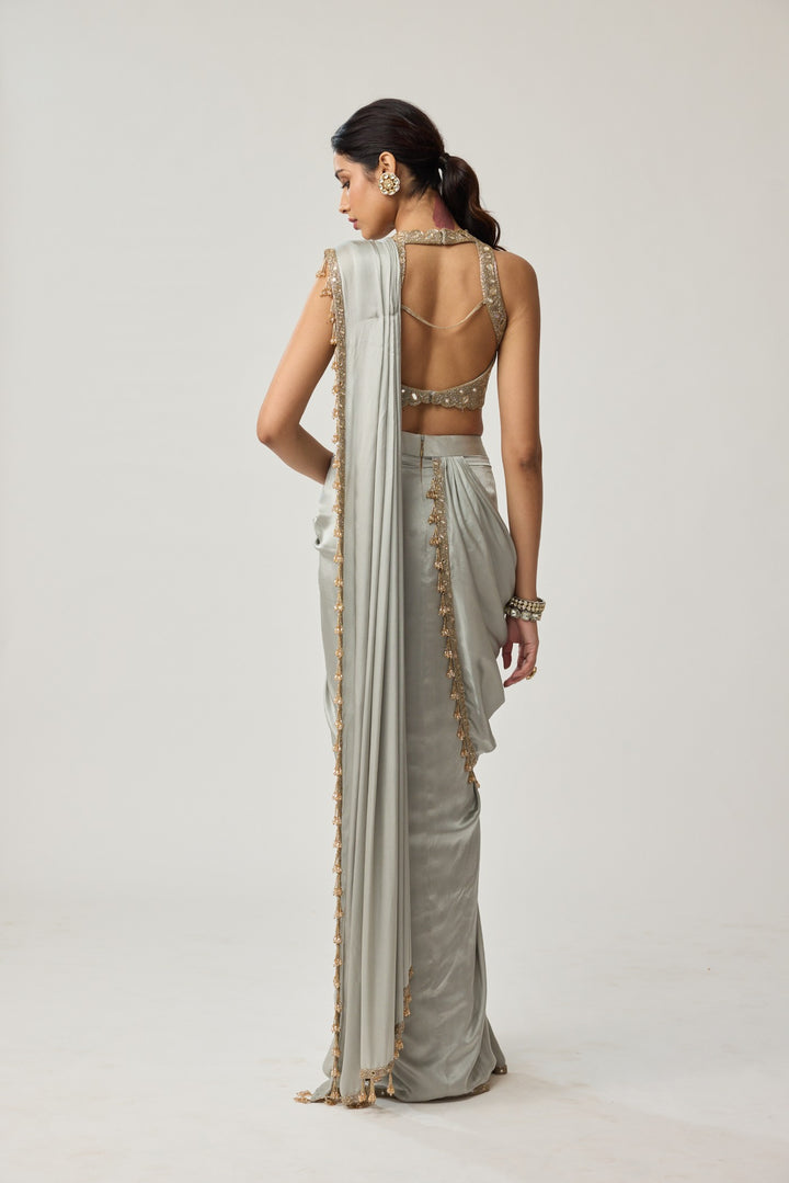 Powder Grey Mirror Satin Saree Set