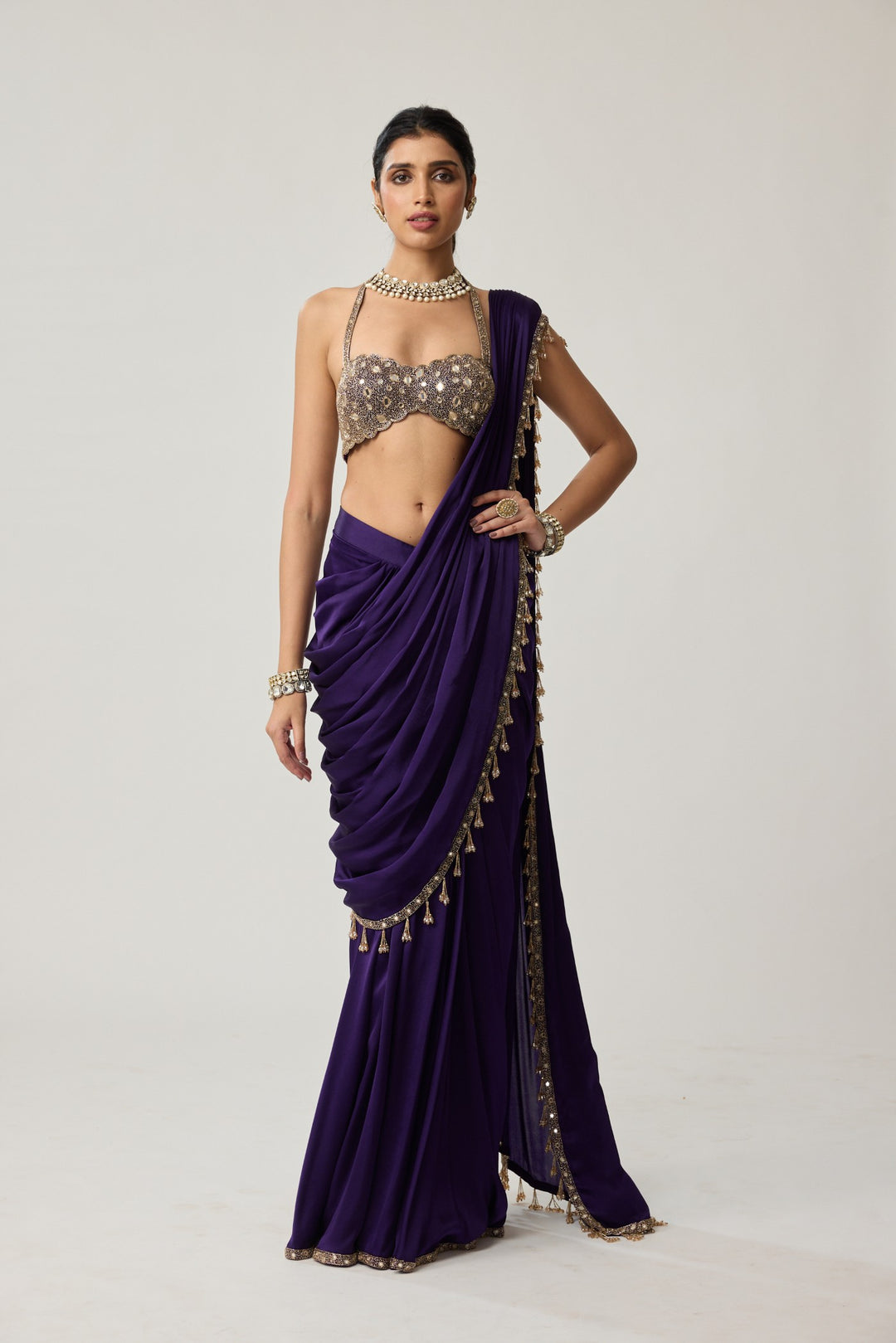 Royalty Purple Mirror Draped Saree Set