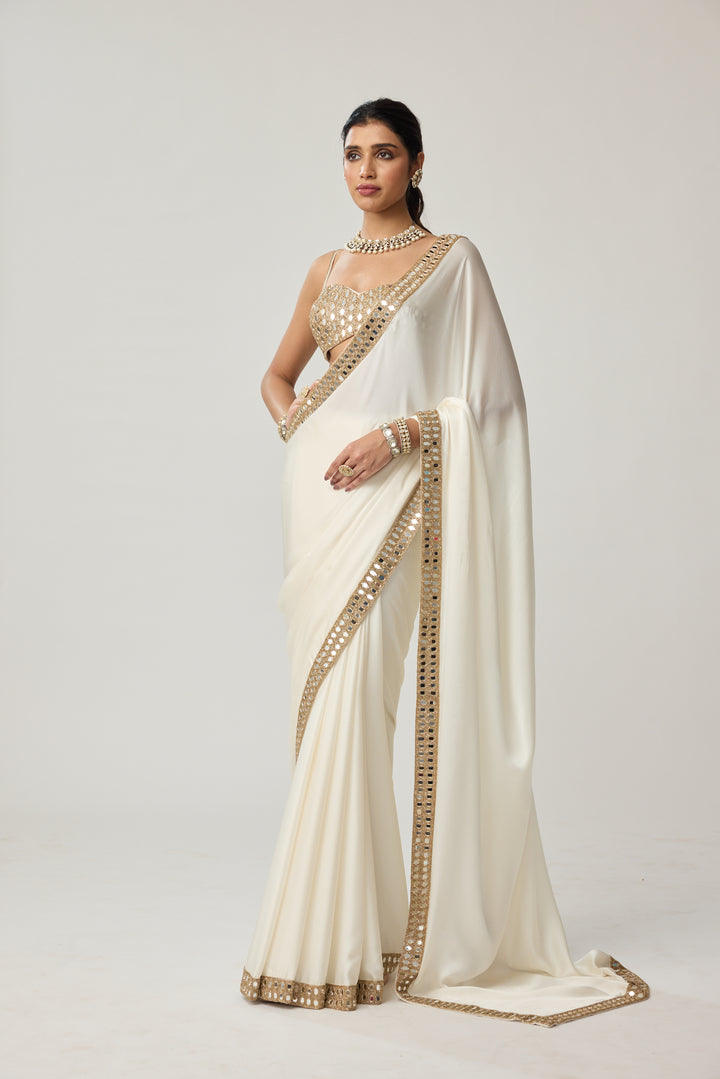 Off White Mirror Satin Saree Set