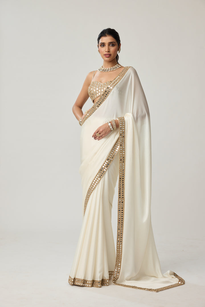 Off White Mirror Satin Saree Set