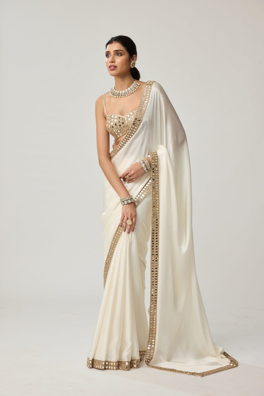 Off White Mirror Satin Saree Set