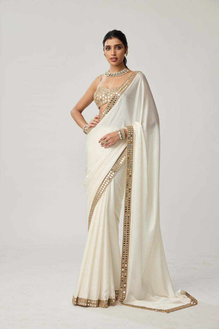 Off White Mirror Satin Saree Set