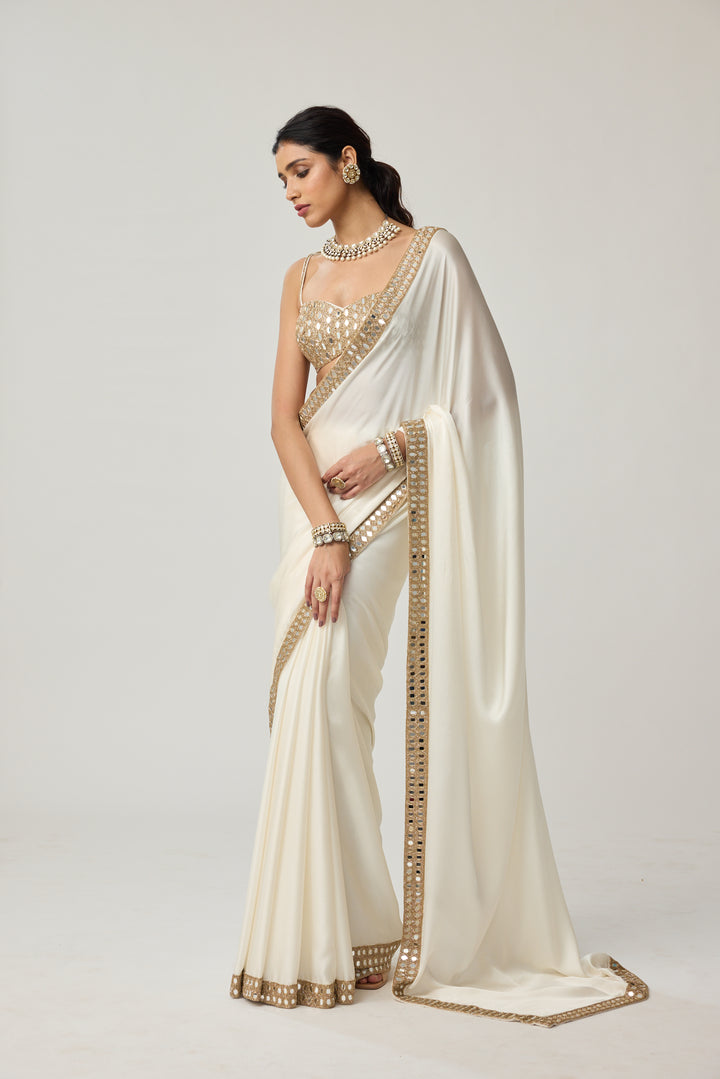 Off White Mirror Satin Saree Set