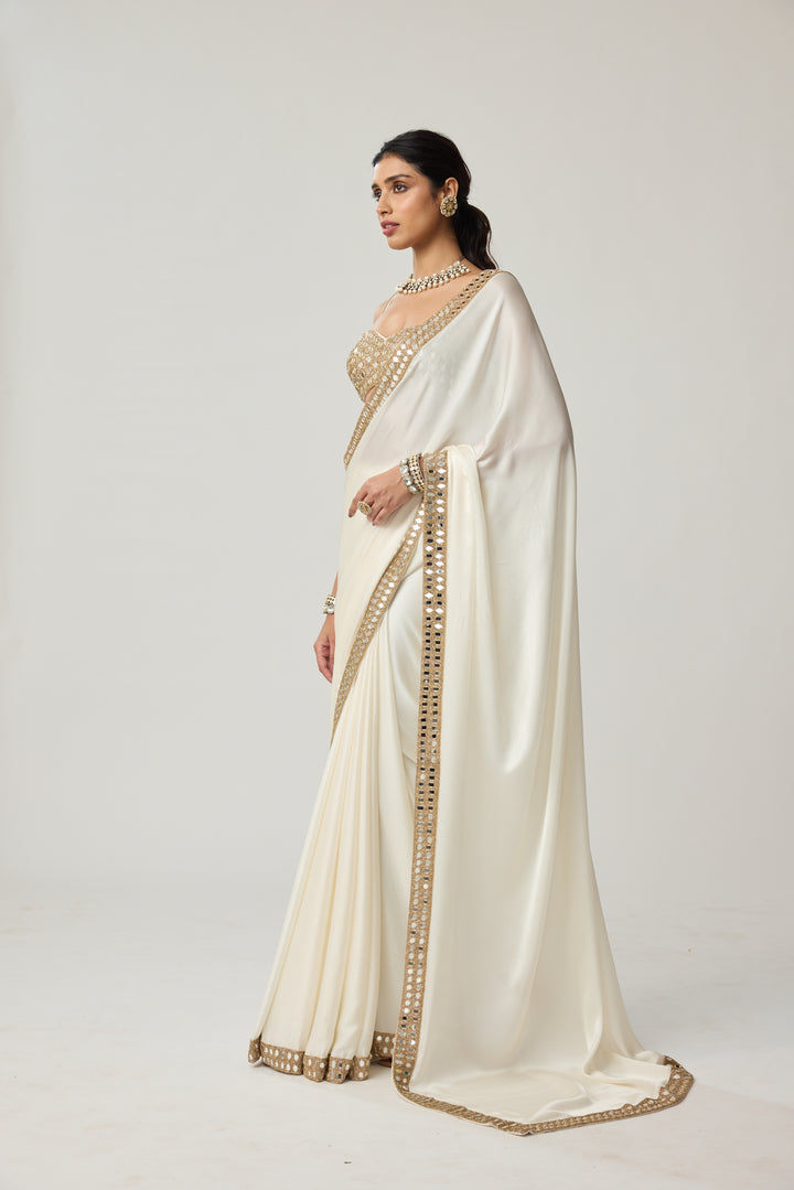 Off White Mirror Satin Saree Set