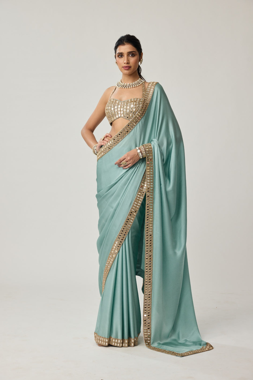 Powder Blue Mirror Satin Saree Set