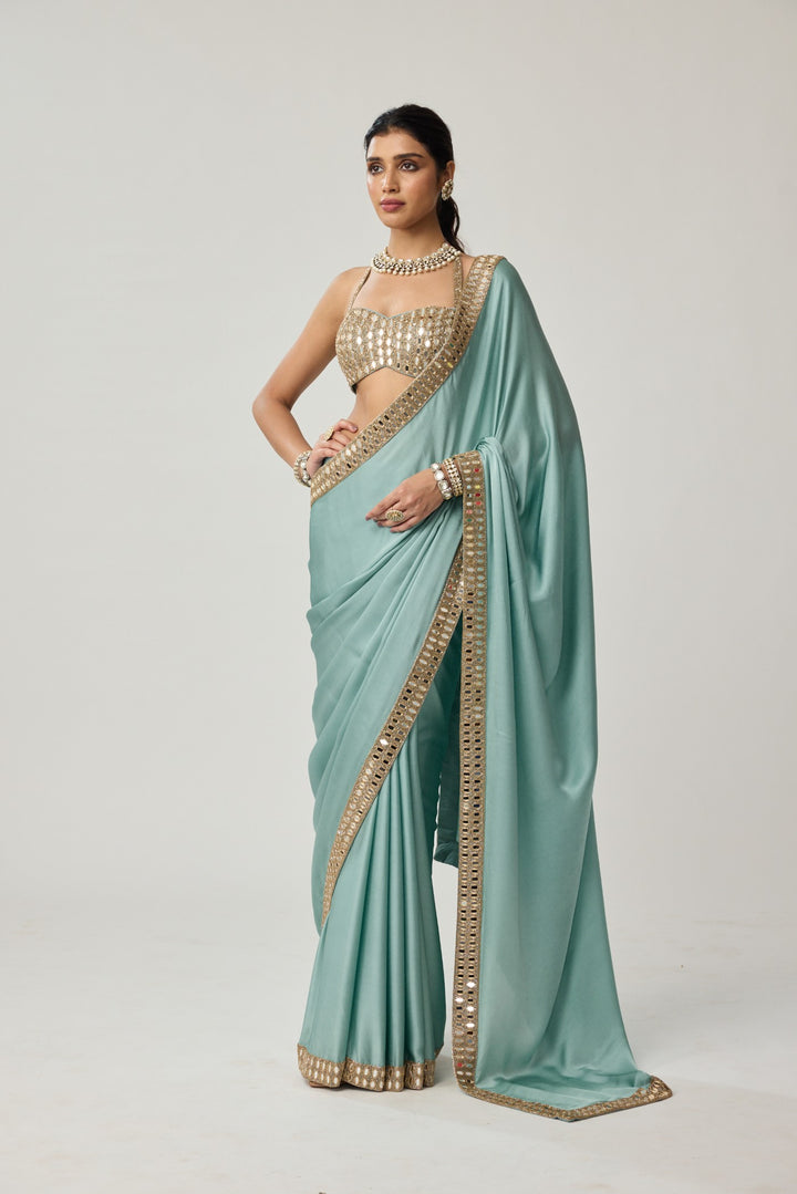 Powder Blue Mirror Satin Saree Set