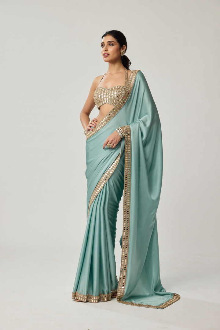 Powder Blue Mirror Satin Saree Set