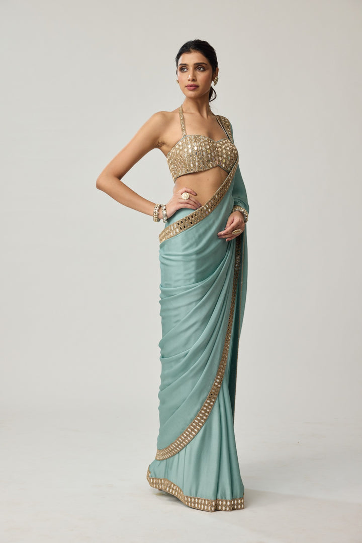 Powder Blue Mirror Satin Saree Set