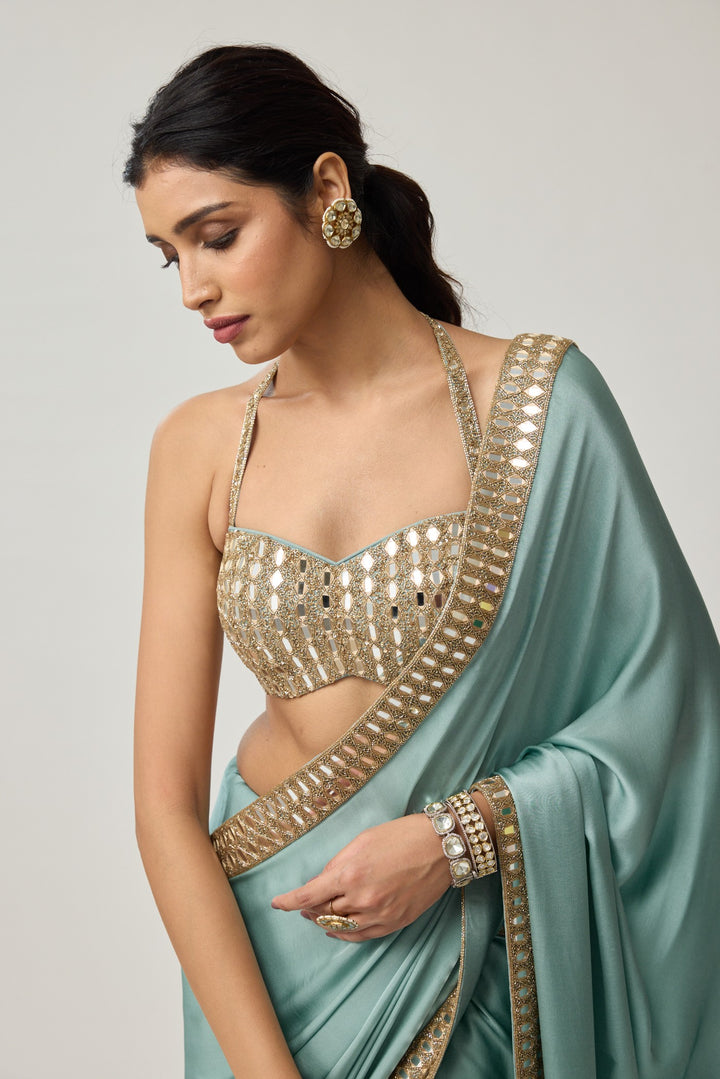 Powder Blue Mirror Satin Saree Set