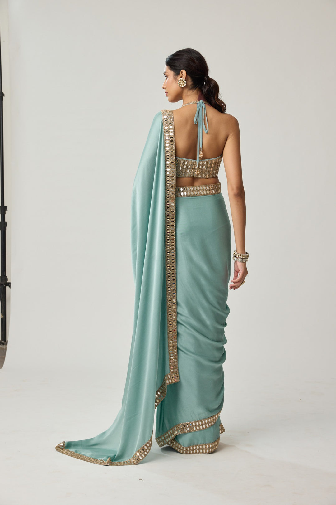 Powder Blue Mirror Satin Saree Set