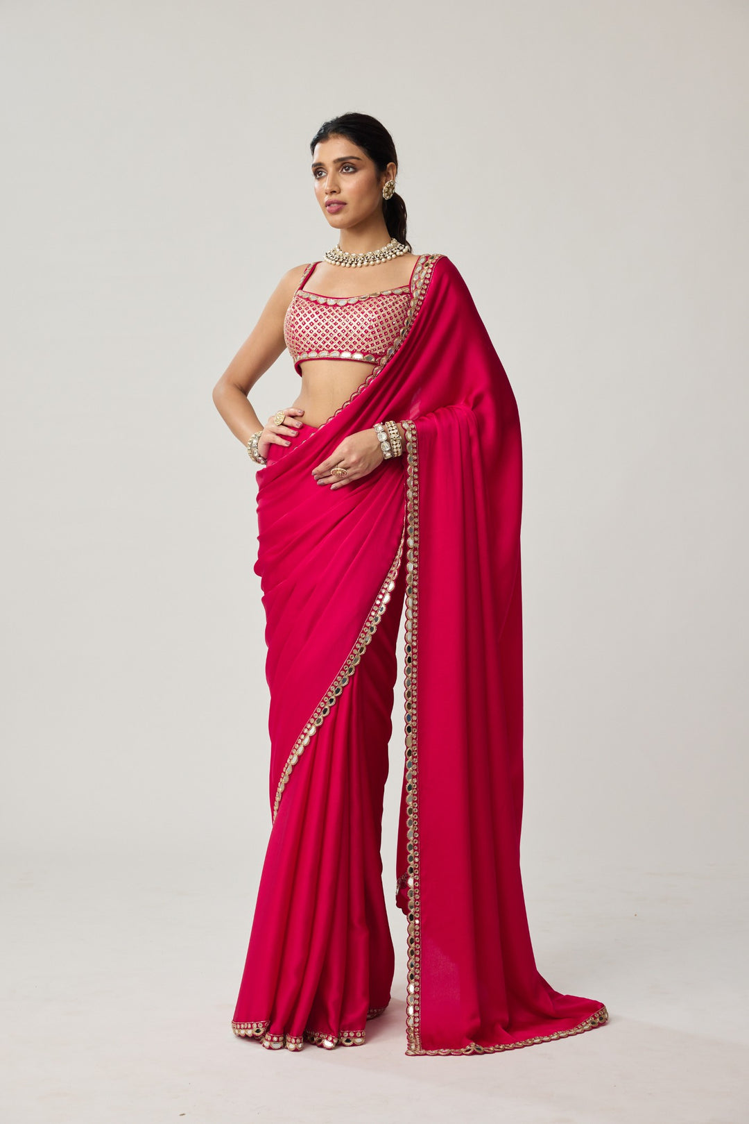 Crimson Red Gota And Mirror Embroidered Saree Set