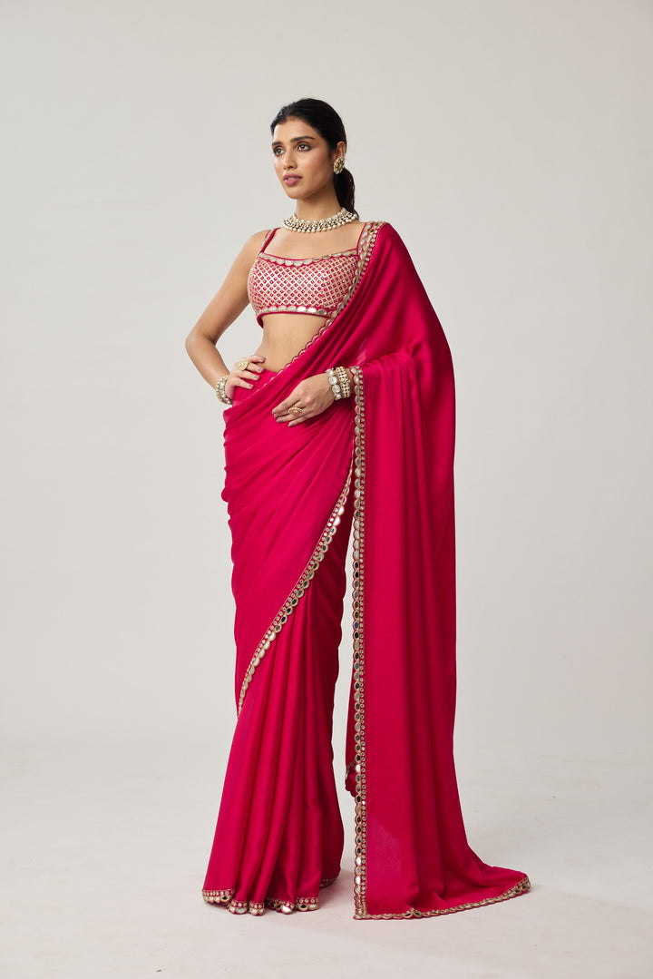 Crimson Red Gota And Mirror Embroidered Saree Set