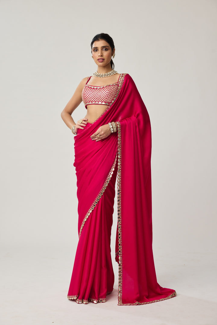 Crimson Red Gota And Mirror Embroidered Saree Set