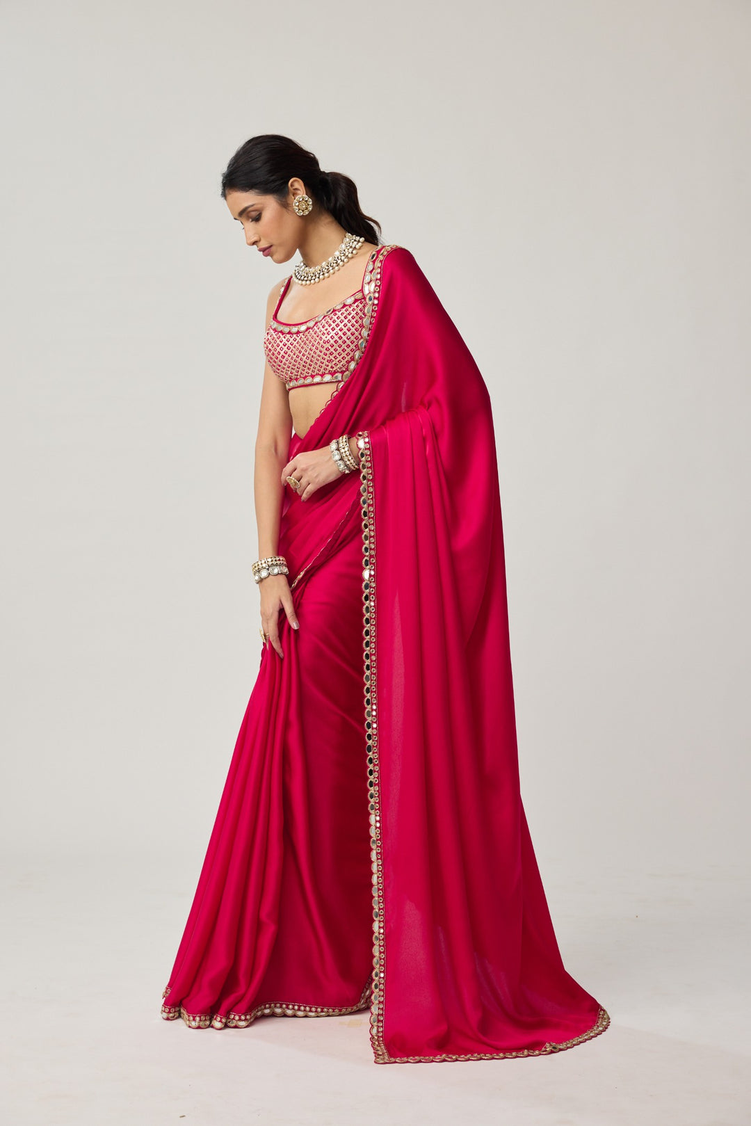 Crimson Red Gota And Mirror Embroidered Saree Set