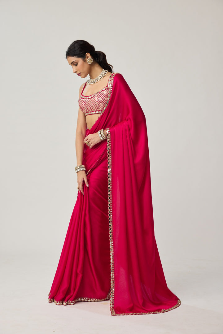 Crimson Red Gota And Mirror Embroidered Saree Set