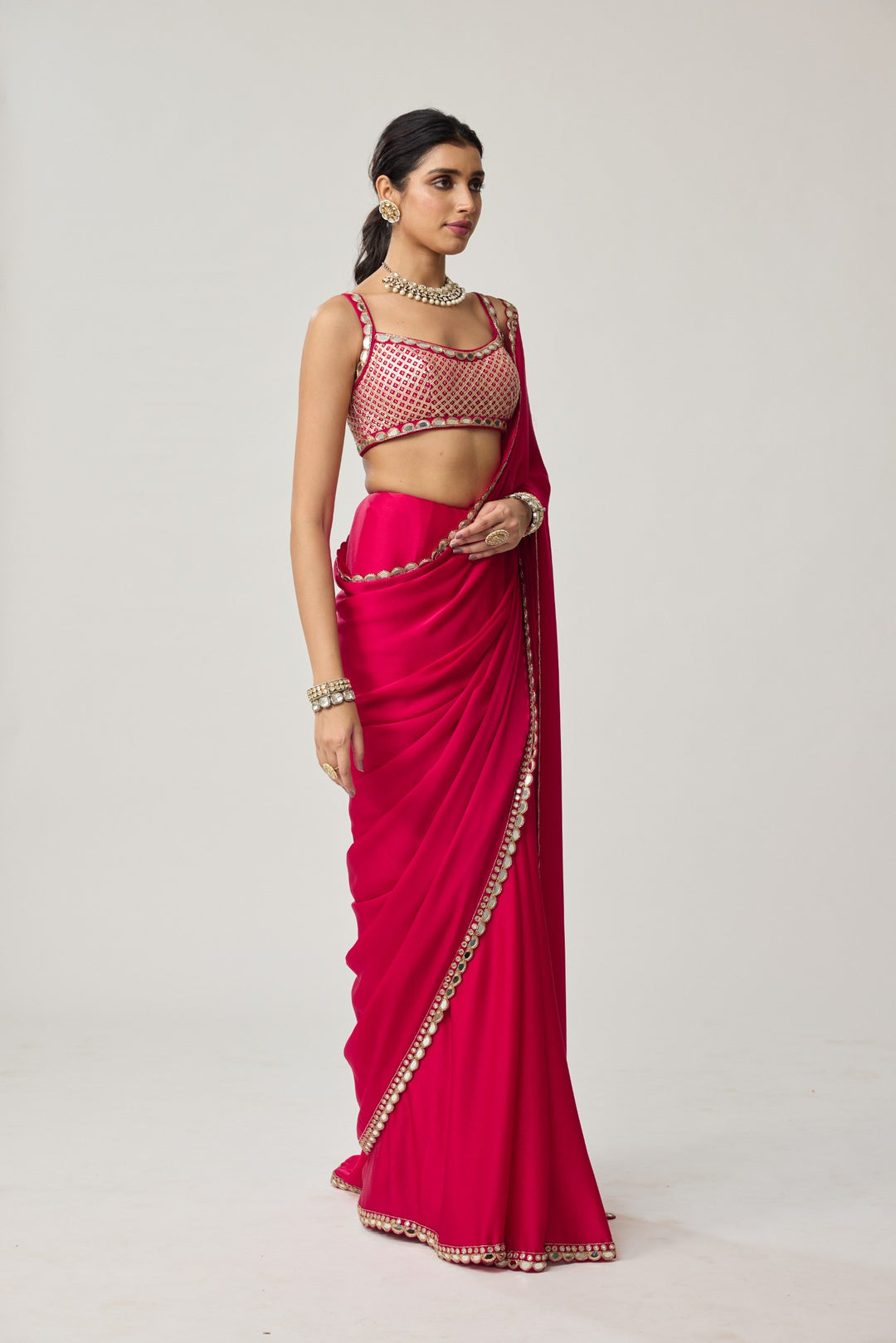 Crimson Red Gota And Mirror Embroidered Saree Set
