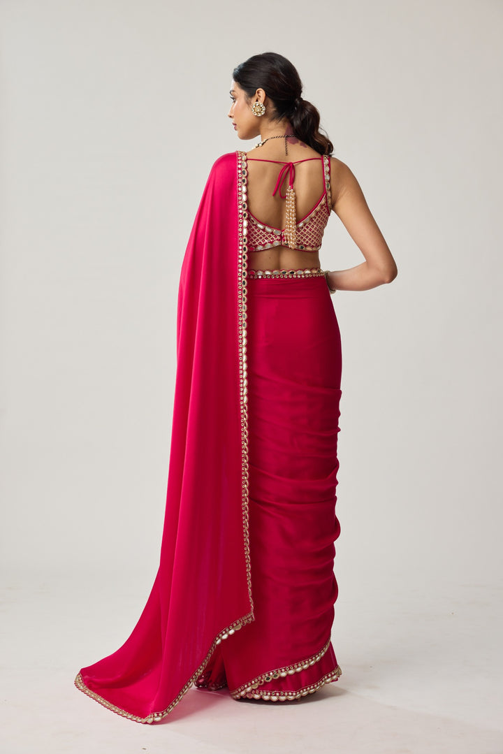 Crimson Red Gota And Mirror Embroidered Saree Set