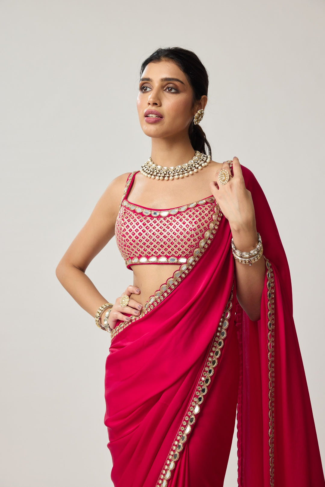 Crimson Red Gota And Mirror Embroidered Saree Set