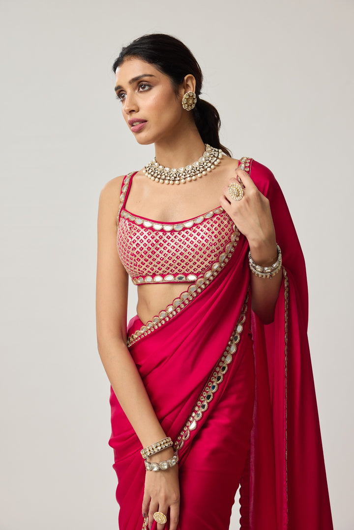 Crimson Red Gota And Mirror Embroidered Saree Set