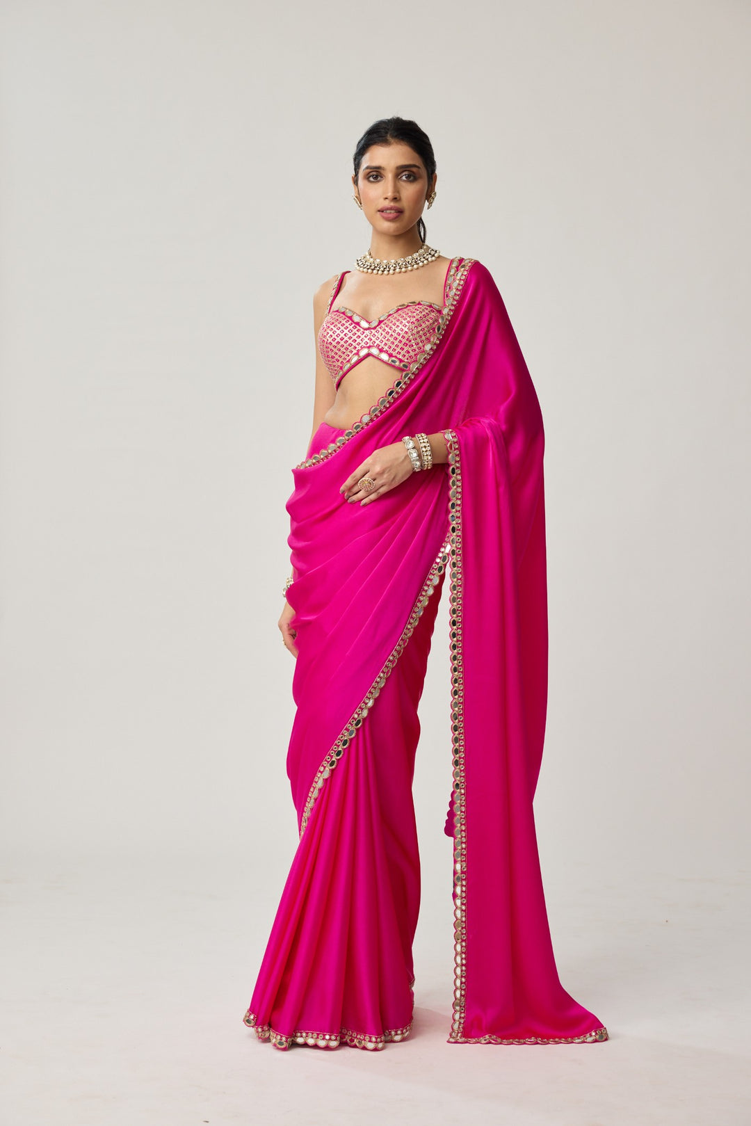 Fuchsia Pink Gota Mirror Saree Set