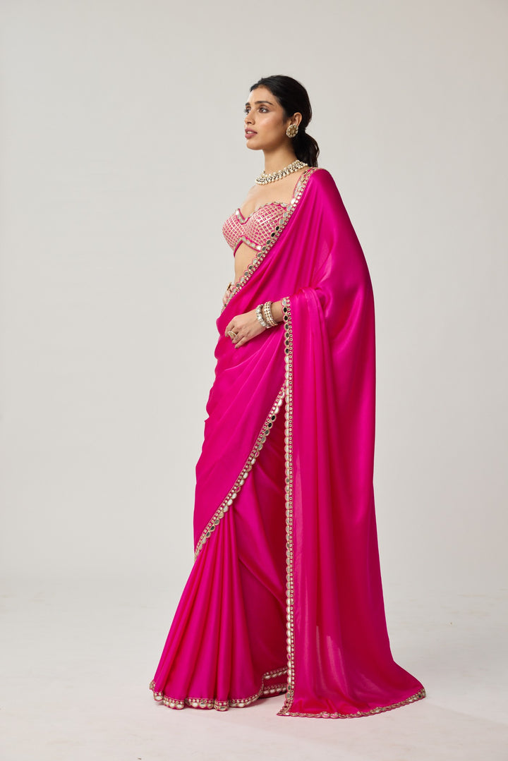 Fuchsia Pink Gota Mirror Saree Set