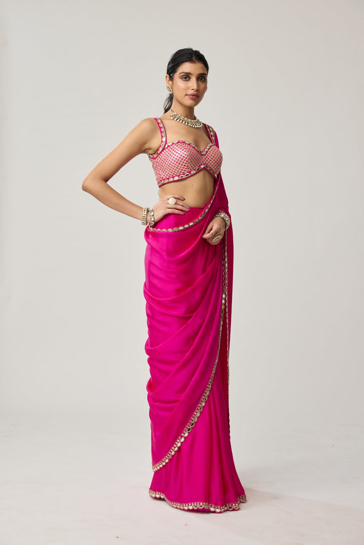 Fuchsia Pink Gota Mirror Saree Set