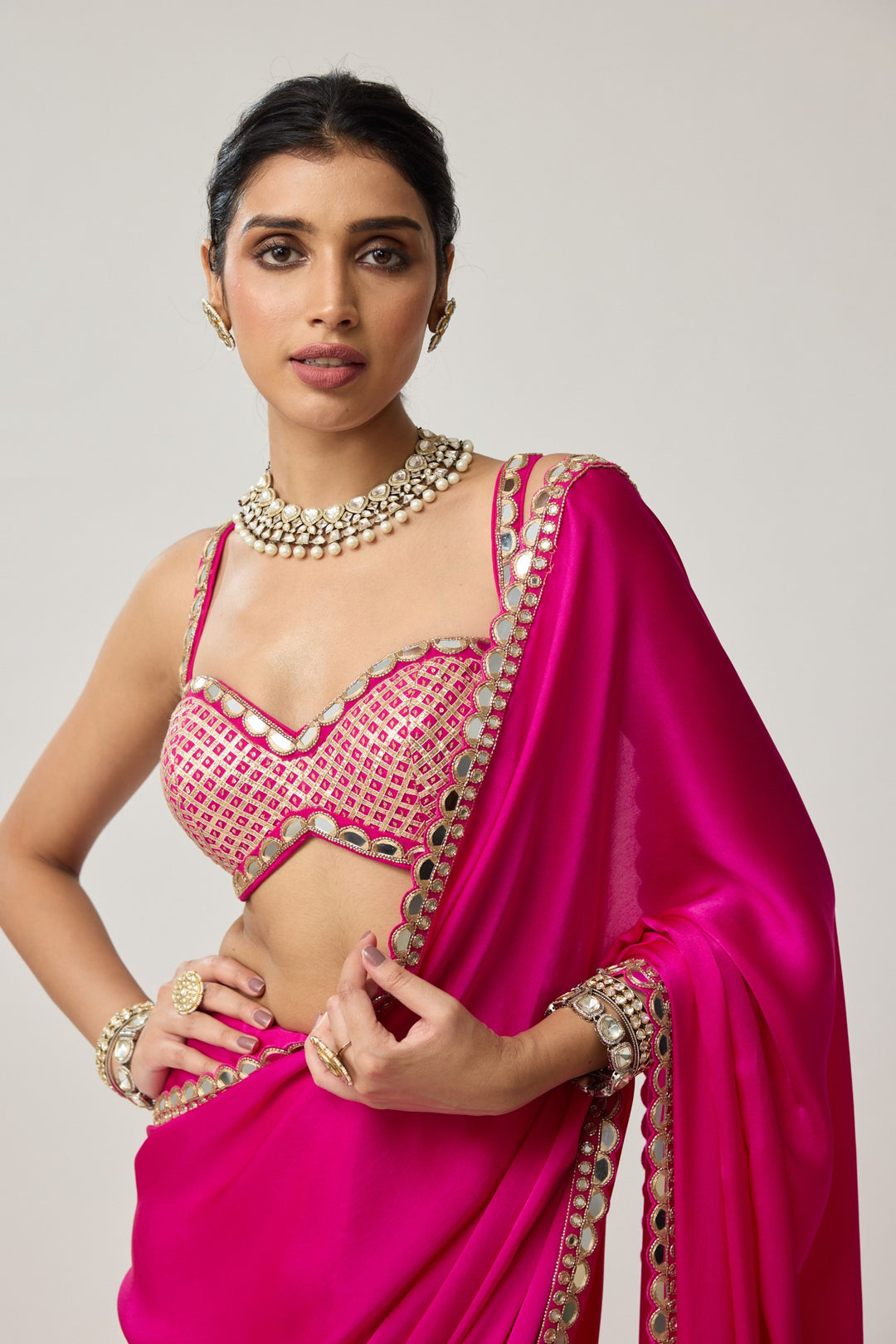 Fuchsia Pink Gota Mirror Saree Set