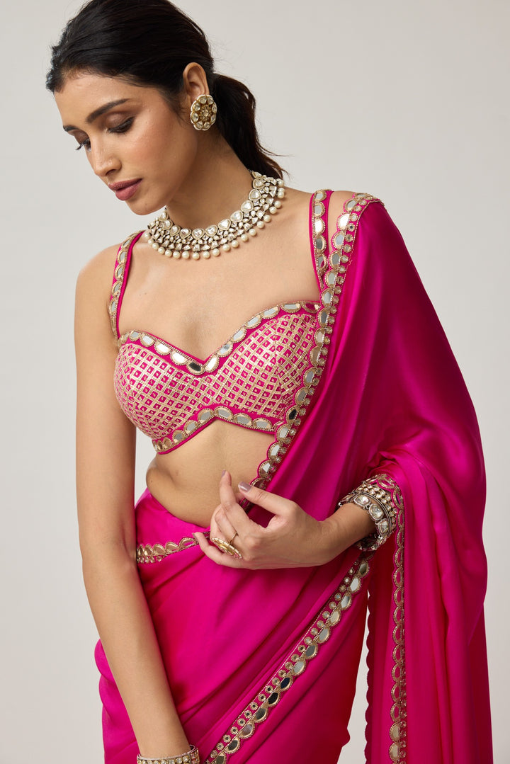 Fuchsia Pink Gota Mirror Saree Set