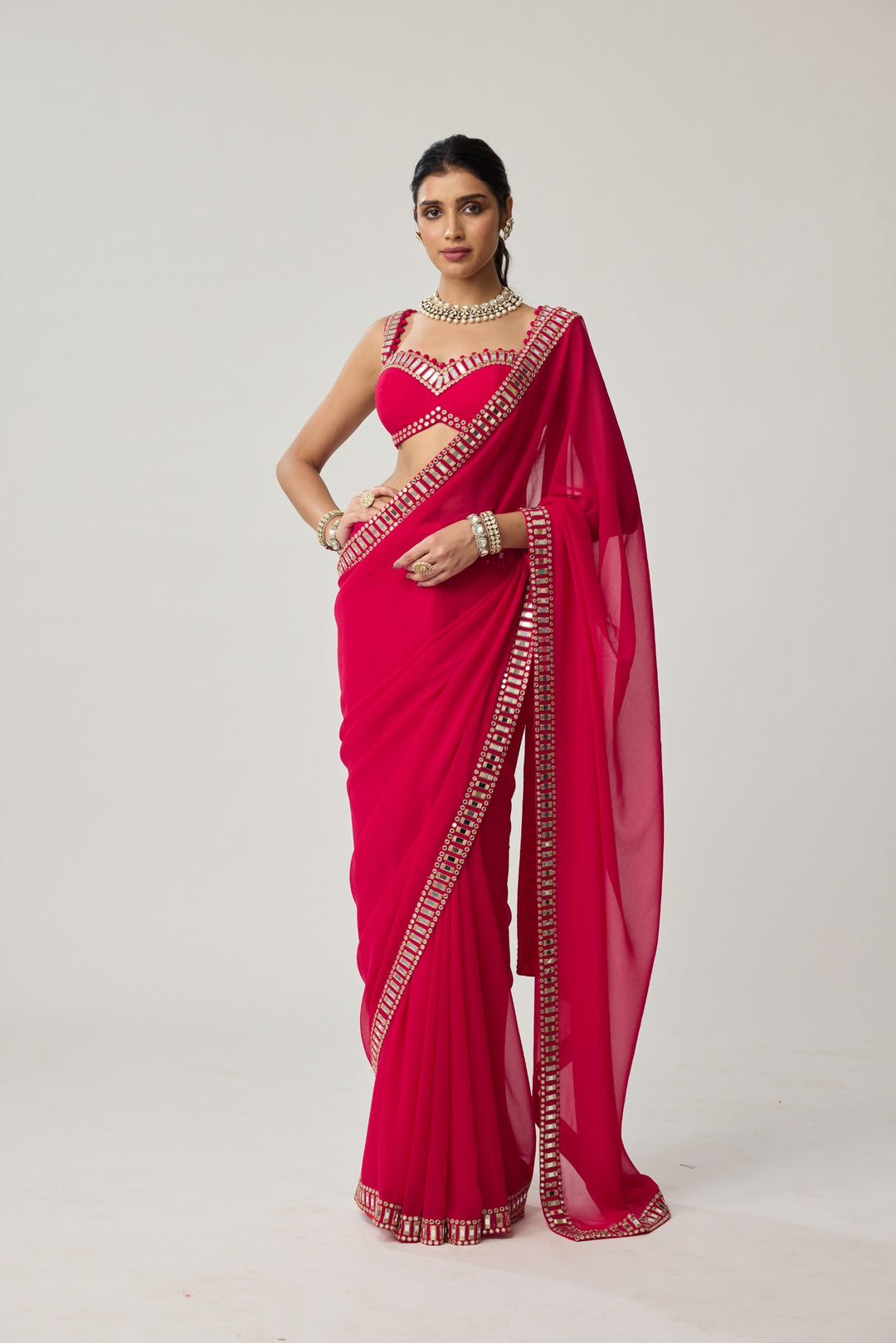 Crimson Red Mirror Embroidered Georgette Saree Set