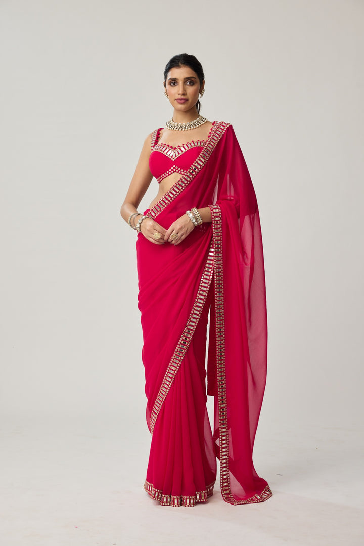 Crimson Red Mirror Embroidered Georgette Saree Set