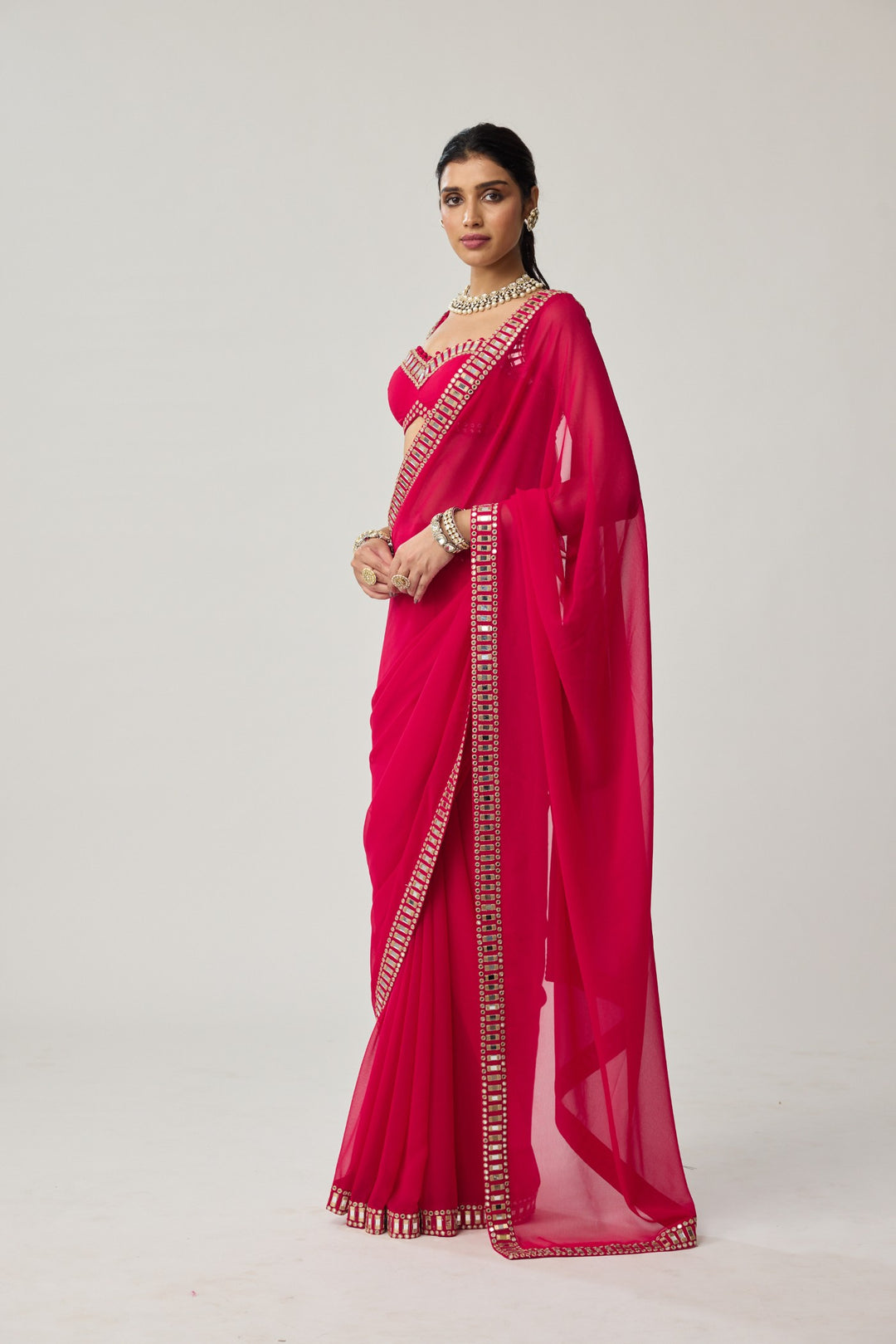 Crimson Red Mirror Embroidered Georgette Saree Set