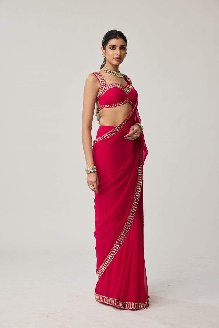 Crimson Red Mirror Embroidered Georgette Saree Set