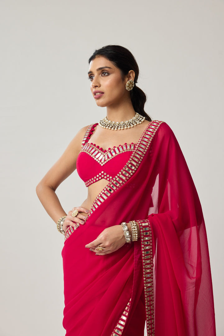 Crimson Red Mirror Embroidered Georgette Saree Set