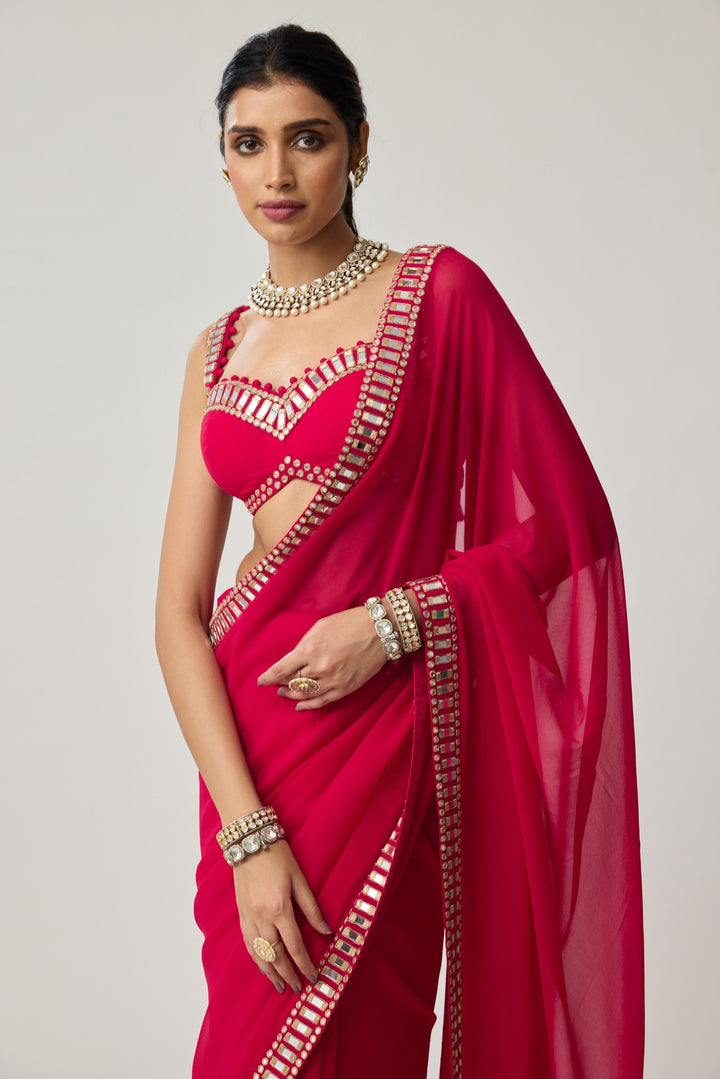 Crimson Red Mirror Embroidered Georgette Saree Set