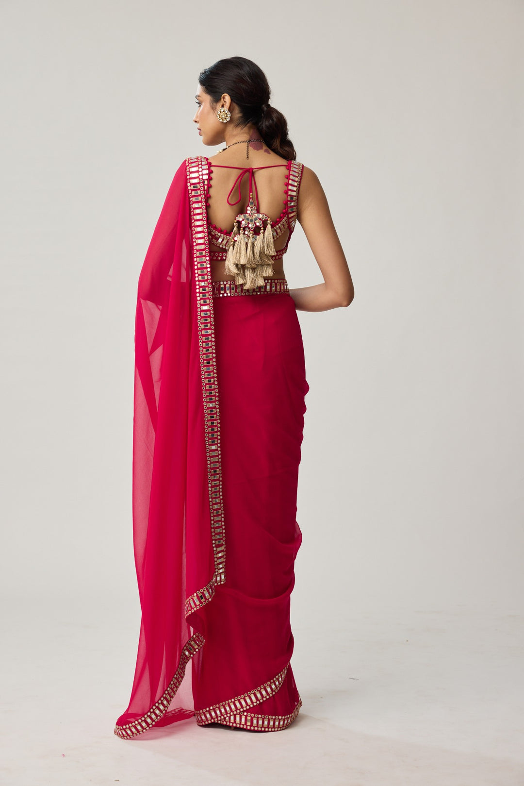 Crimson Red Mirror Embroidered Georgette Saree Set
