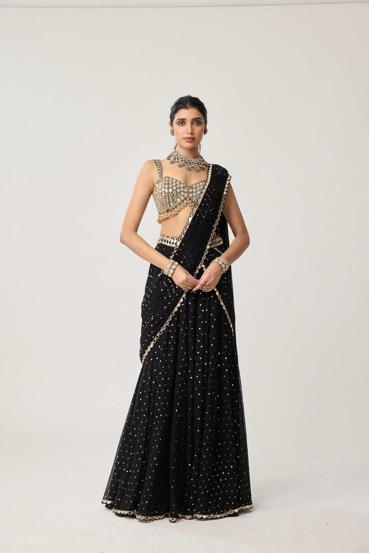Black Georgette Flared Pants Saree Set